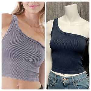 NWOT NIKIBIKI Women Seamless Ribbed Vintage Wash One Shoulder BLUE Crop Top OSFA